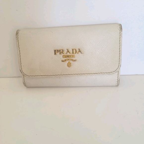 Authentic Prada Multicles Key Holder Hooks Case White Small Wallet Leather Logo - Picture 1 of 11